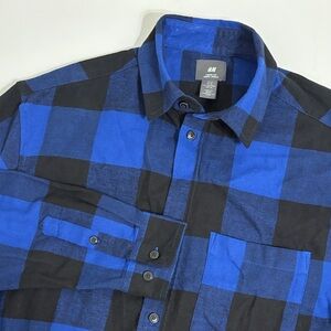 H&M Men's Casual Blue and Black Plaid Shirt - M